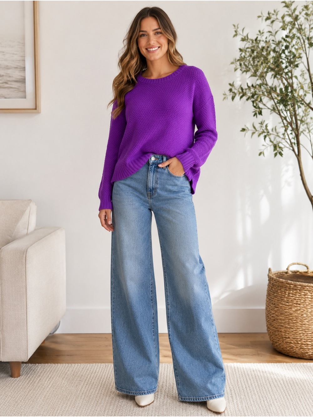 Zenana Women’s M Purple Textured Knit Crewneck Sweater Oversized cozy casual